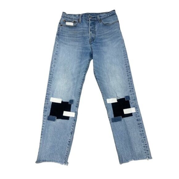 Levis Wedgie Jeans Women 27 Blue Patchwork Upcycled Button Fly Y2K Casual Rigid - Picture 1 of 16